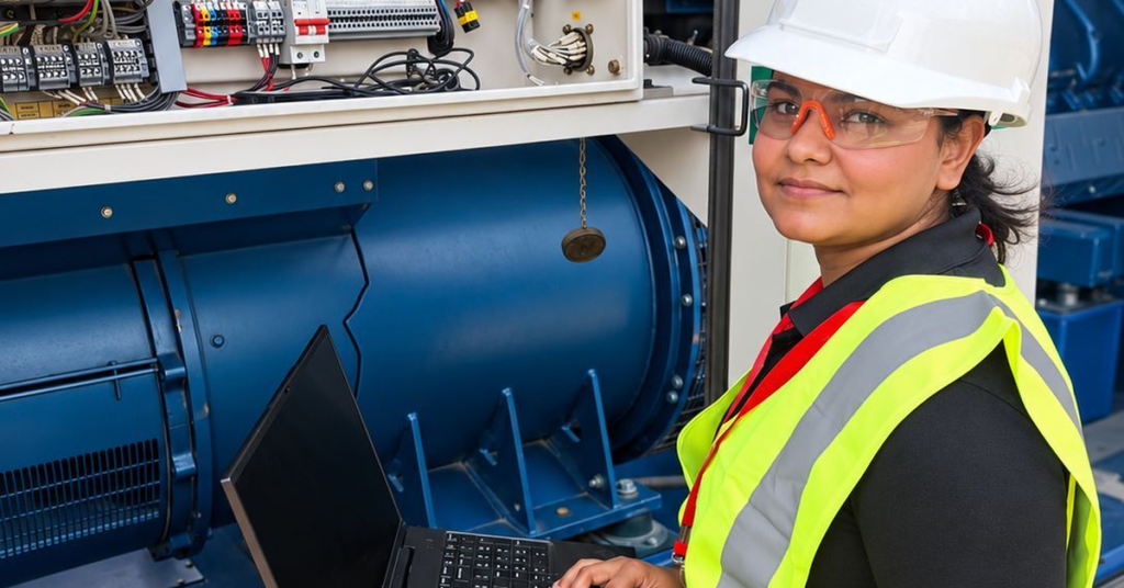 Technician inspecting a diesel generator during maintenance