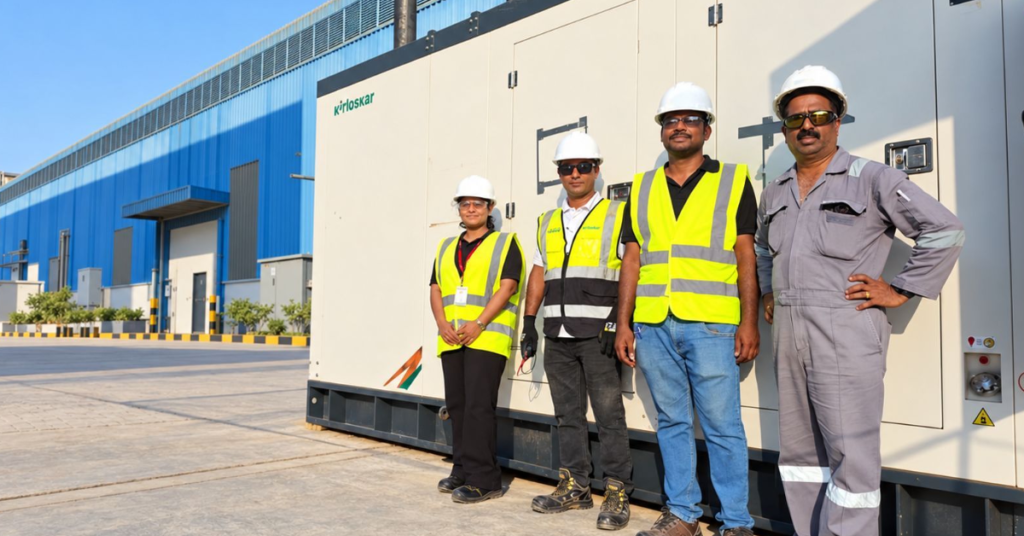 Engineers wearing safety equipment outside an industrial facility